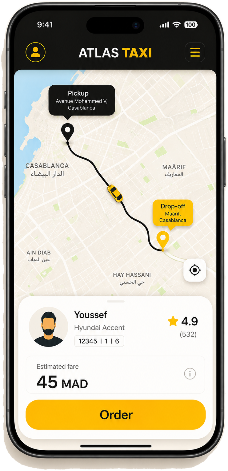 Écran de l'application ATLAS TAXI avec la carte de l'itinéraire et la réservation d'un véhicule